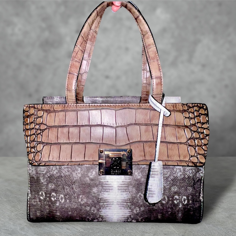 GUESS Faux Croc Snake Print Shoulder Bag Satchel Brown Gray